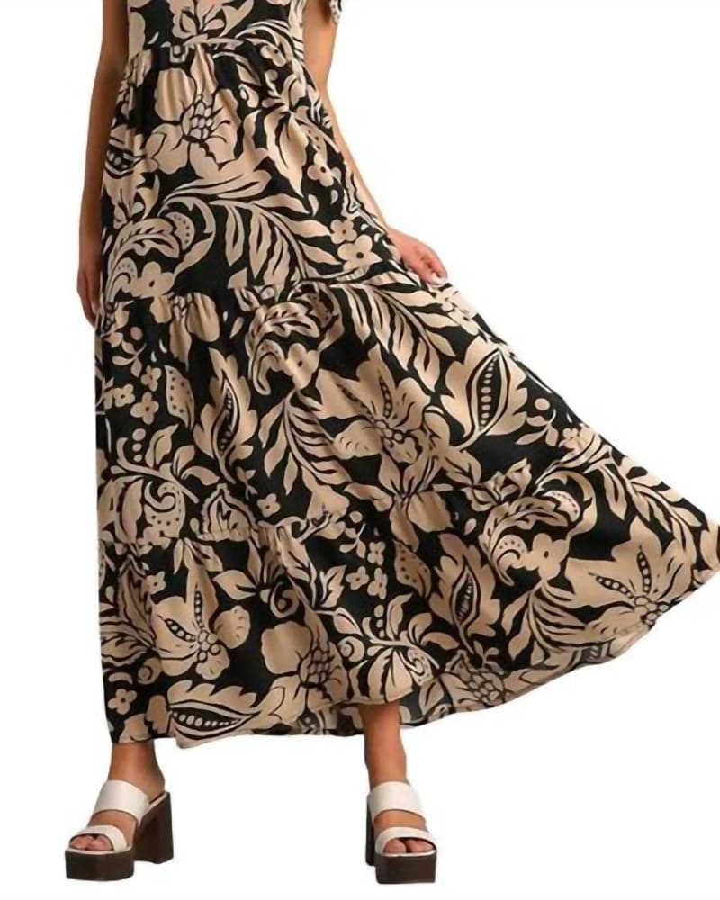 Front of a model wearing a size L Mykonos Maxi Dress In Black in Black by Mary Clan. | dia_product_style_image_id:357622